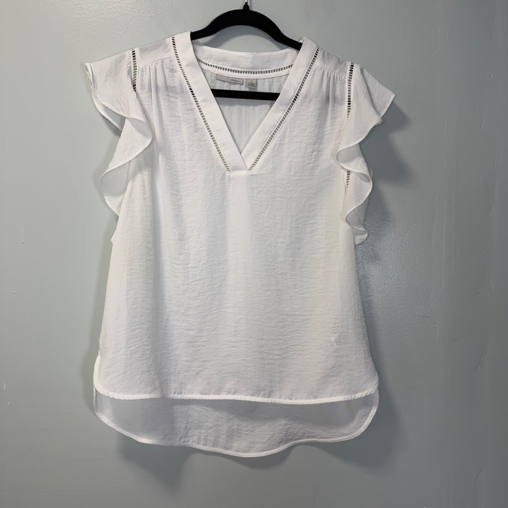 Halogen White Flutter Sleeve V-Neck Ladder Trim Blouse Small
